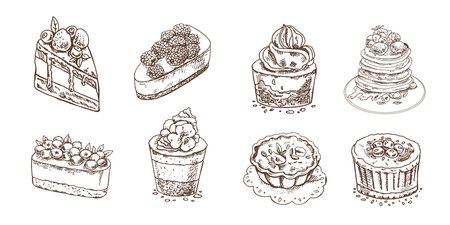 Tasty Creamy Sweet Desserts set isolated on white background. Vintage Vector Monochrome Illustration. Hand drawn sketch of Delicious Cupcakes and cakes With cream and berry tops, pancakes with berries and syrup, tartlets. Design Gastronomy Product element. Great for menu, poster or restaurant background.のイラスト素材