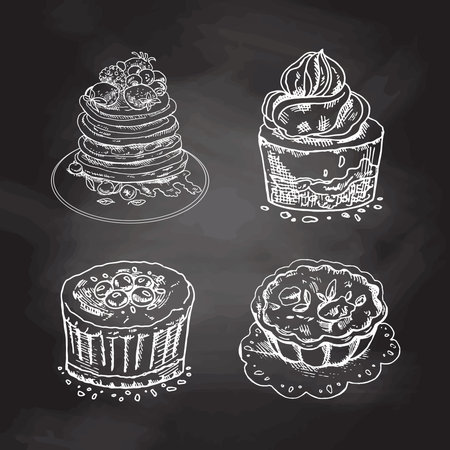 Tasty Creamy Sweet Desserts set isolated on chalkboard background. Vintage Vector Monochrome Illustration. Hand drawn sketch of Delicious Cupcake with cream top, pancakes with berries and syrup, tartlet. Design Gastronomy Product element. Great for menu, poster or restaurant background.のイラスト素材