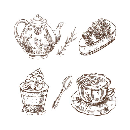 Tasty Creamy Sweet Desserts set isolated on white background. Vintage Vector Monochrome Illustration.のイラスト素材