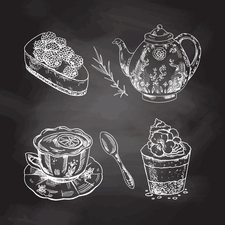 Tasty Creamy Sweet Desserts set isolated on chalkboard background. Vintage Vector Monochrome Illustration.のイラスト素材