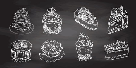 Tasty Creamy Sweet Desserts set isolated on chalkboard background. Vintage Vector Monochrome Illustration. Hand drawn sketch of Delicious Cupcakes and cakes With cream and berry tops, pancakes with berries and syrup, tartlets. Design Gastronomy Product element. Great for menu, poster or restaurant background.のイラスト素材