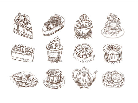 Tasty Creamy Sweet Desserts set isolated on white background. Vintage Vector Monochrome Illustration. Hand drawn sketch of Delicious Cupcakes and cakes With cream and berry tops, pancakes with berries and syrup, tartlets, croissant, cup with hot drink, porcelain teapot, bruschetta with tomatoes. Design Gastronomy Product element. Great for menu, poster or restaurant background.のイラスト素材