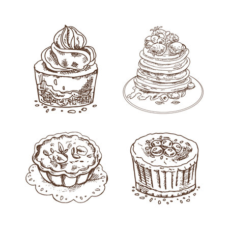 Tasty Creamy Sweet Desserts set isolated on white background. Vintage Vector Monochrome Illustration. Hand drawn sketch of Delicious Cupcake with cream top, pancakes with berries and syrup, tartlet. Design Gastronomy Product element. Great for menu, poster or restaurant background.のイラスト素材