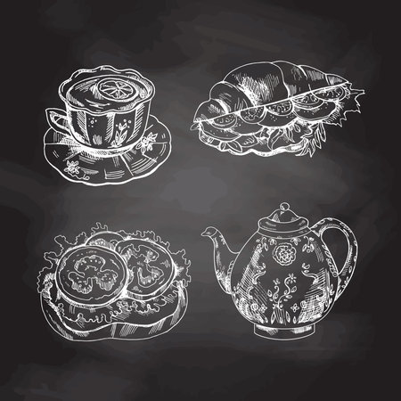 Tasty Creamy Sweet Desserts set isolated on chalkboard background. Vintage Vector Monochrome Illustration. Hand drawn sketch of cup of tea with lemon, porcelain teapot, bruschetta with tomatoes, croissant stuffed with lettuce. Design Gastronomy Product element. Great for menu, poster or restaurant background.のイラスト素材