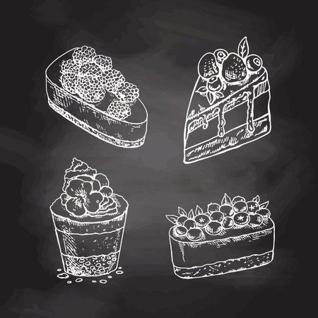 Tasty Creamy Sweet Desserts set isolated on chalkboard background. Vintage Vector Monochrome Illustration. Hand drawn sketch of Delicious Cupcakes and cakes With cream and berry tops. Design Gastronomy Product element. Great for menu, poster or restaurant background.のイラスト素材