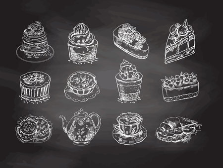 Tasty Creamy Sweet Desserts set isolated on chalkboard background. Vintage Vector Monochrome Illustration. Hand drawn sketch of Delicious Cupcakes and cakes With cream and berry tops, pancakes with berries and syrup, tartlets, croissant, cup with hot drink, porcelain teapot, bruschetta with tomatoes. Design Gastronomy Product element. Great for menu, poster or restaurant background.のイラスト素材