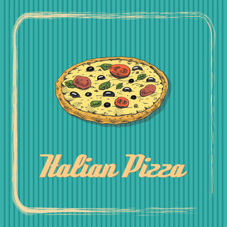 Vintage banner with a whole Italian pizza. Sketch, engraving. Vector hand-drawn food for menu, advertising or packaging.のイラスト素材