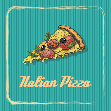 Vintage banner with a slice of Italian pizza. Sketch, engraving. Vector hand-drawn food for menu, advertising or packaging.のイラスト素材