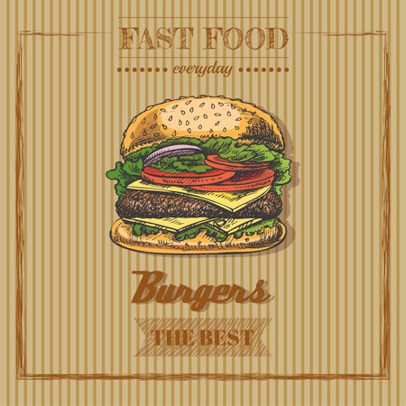 fast food menu. Vintage vector illustration. Hand-drawn sketch illustration of burger isolated on vintage background. Great for menu, poster or restaurant background.のイラスト素材