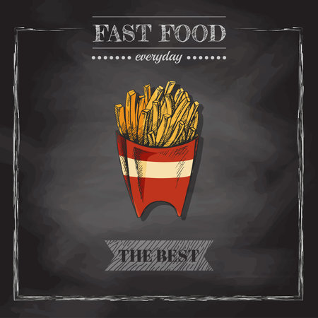 fast food menu. Vintage vector illustration. Hand-drawn sketch illustration of french fries in cardboard box isolated on chalkboard background. Great for menu, poster or restaurant background.のイラスト素材