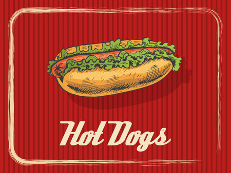 Vintage banner with a hot dog. Sketch, engraving. Vector hand-drawn food for menu, advertising or packaging.のイラスト素材