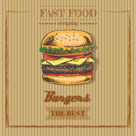 fast food menu. Vintage vector illustration. Hand-drawn sketch illustration of burger isolated on vintage background. Great for menu, poster or restaurant background.のイラスト素材
