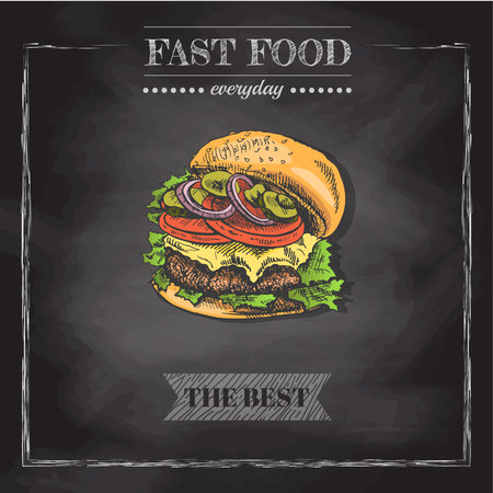 fast food menu. Vintage vector illustration. Hand-drawn sketch illustration of burger isolated on chalkboard background. Great for menu, poster or restaurant background.のイラスト素材