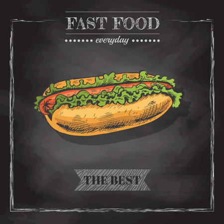 fast food menu. Vintage vector illustration. Hand-drawn sketch illustration of hot dog isolated on chalkboard background. Great for menu, poster or restaurant background.のイラスト素材