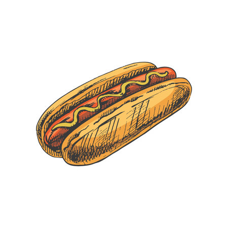 Hand-drawn colored sketch of hot dog isolated on white background. fast food illustration. vintage drawing. Great for menu, poster or restaurant background.のイラスト素材