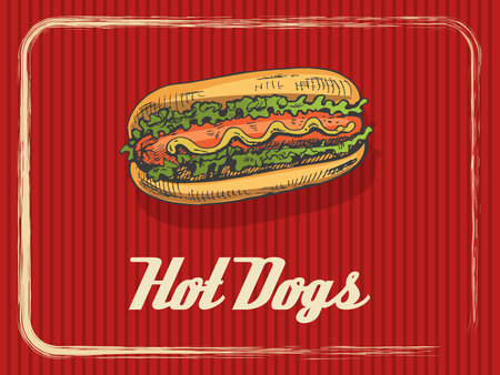 Vintage banner with a hot dog. Sketch, engraving. Vector hand-drawn food for menu, advertising or packaging.のイラスト素材
