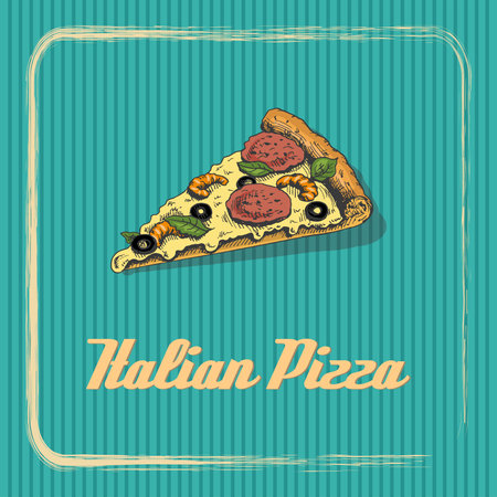 Vintage banner with a slice of Italian pizza. Sketch, engraving. Vector hand-drawn food for menu, advertising or packaging.のイラスト素材