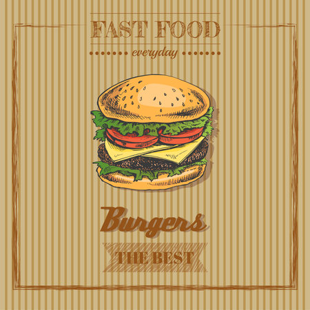 fast food menu. Vintage vector illustration. Hand-drawn sketch illustration of burger isolated on vintage background. Great for menu, poster or restaurant background.のイラスト素材