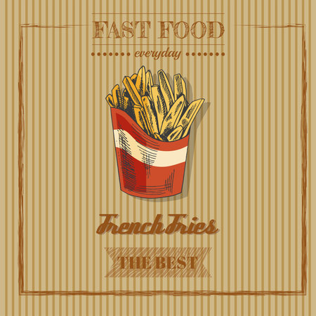 fast food menu. Vintage vector illustration. Hand-drawn sketch illustration of french fries in cardboard box isolated on vintage background. Great for menu, poster or restaurant background.のイラスト素材