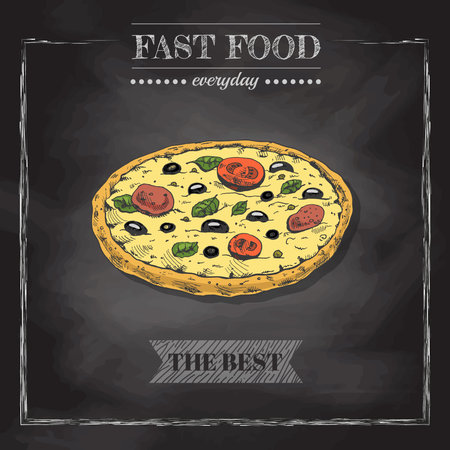 Italian pizza menu. Vintage vector illustration. Hand-drawn sketch illustration of pizza isolated on chalkboard background. Great for menu, poster or restaurant background.のイラスト素材