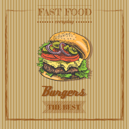 fast food menu. Vintage vector illustration. Hand-drawn sketch illustration of burger isolated on vintage background. Great for menu, poster or restaurant background.のイラスト素材