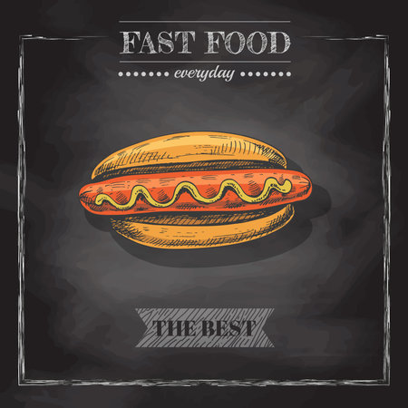 fast food menu. Vintage vector illustration. Hand-drawn sketch illustration of hot dog isolated on chalkboard background. Great for menu, poster or restaurant background.のイラスト素材