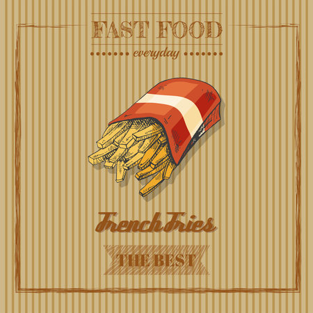 fast food menu. Vintage vector illustration. Hand-drawn sketch illustration of french fries in cardboard box isolated on vintage background. Great for menu, poster or restaurant background.のイラスト素材