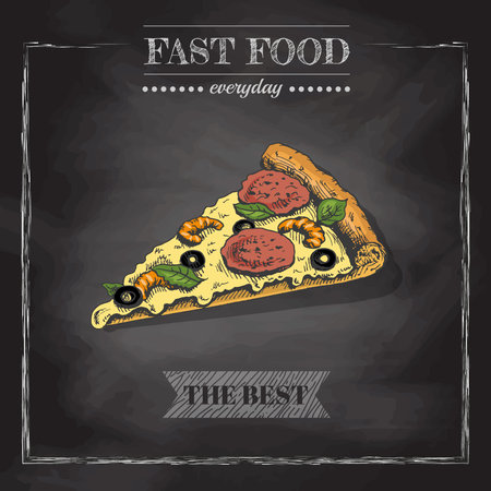 Italian pizza menu. Vintage vector illustration. Hand-drawn sketch illustration of pizza isolated on chalkboard background. Great for menu, poster or restaurant background.のイラスト素材