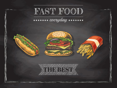 fast food menu. Vintage vector illustration. Hand-drawn sketch illustration of fast food isolated on chalkboard background. Great for menu, poster or restaurant background.のイラスト素材