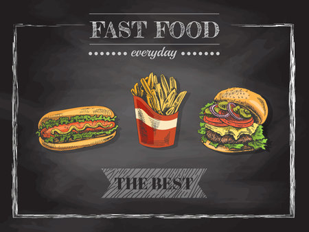 fast food menu. Vintage vector illustration. Hand-drawn sketch illustration of fast food isolated on chalkboard background. Great for menu, poster or restaurant background.のイラスト素材