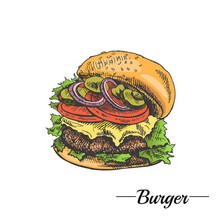 Hand-drawn colored sketch of great delicious sandwich, burger, hamburger isolated on white background. Fast food vintage illustration. Great for menu, poster or restaurant background.のイラスト素材