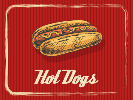 Vintage banner with a hot dog. Sketch, engraving. Vector hand-drawn food for menu, advertising or packaging.のイラスト素材