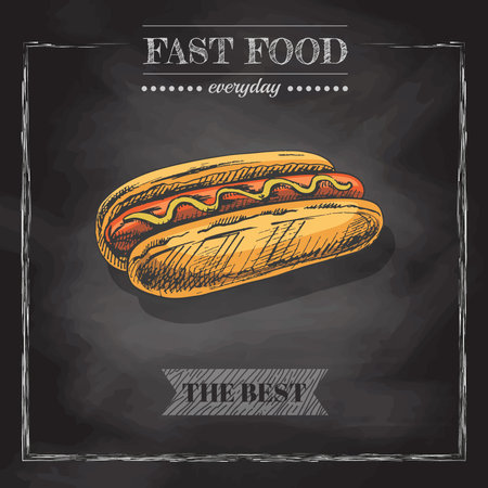 fast food menu. Vintage vector illustration. Hand-drawn sketch illustration of hot dog isolated on chalkboard background. Great for menu, poster or restaurant background.のイラスト素材