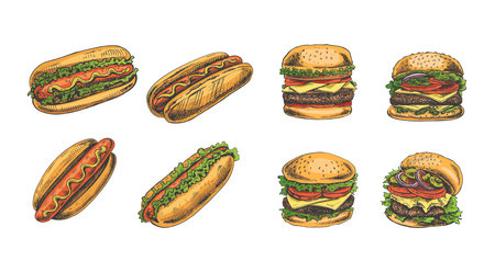 Burgers and hot dogs set. Hand drawn sketch of different burgers with bacon, cheese, salad, tomatoes, cucumbers and hot dogs. Fast food retro vector illustrations collection isolated on white background.のイラスト素材