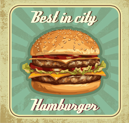Fast food hamburger banner in retro grunge style. Vintage vector poster. Cool vintage style vector Best Burgers poster. High detailed vector burger illustration.のイラスト素材