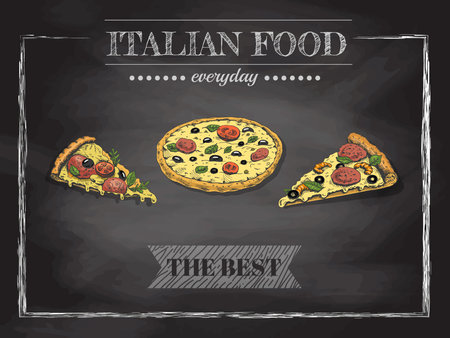 Italian pizza menu. Vintage vector illustration. Hand-drawn sketch illustration of pizza isolated on chalkboard background. Great for menu, poster or restaurant background.のイラスト素材
