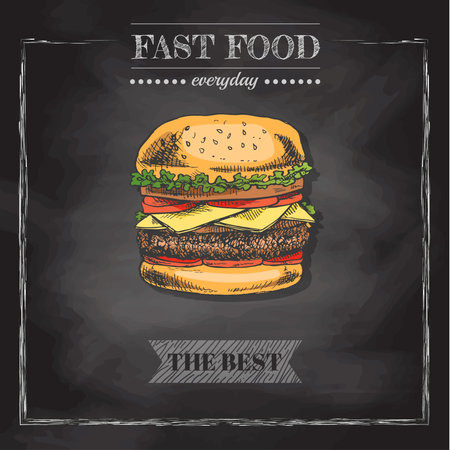 fast food menu. Vintage vector illustration. Hand-drawn sketch illustration of burger isolated on chalkboard background. Great for menu, poster or restaurant background.のイラスト素材