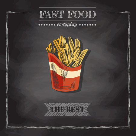 fast food menu. Vintage vector illustration. Hand-drawn sketch illustration of french fries in cardboard box isolated on chalkboard background. Great for menu, poster or restaurant background.のイラスト素材