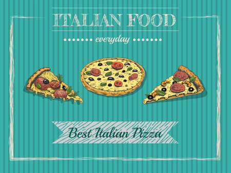 Italian pizza menu. Vintage vector illustration. Hand-drawn sketch illustration of pizza isolated on vintage background. Great for menu, poster or restaurant background.のイラスト素材