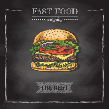 fast food menu. Vintage vector illustration. Hand-drawn sketch illustration of burger isolated on chalkboard background. Great for menu, poster or restaurant background.のイラスト素材