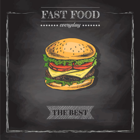 fast food menu. Vintage vector illustration. Hand-drawn sketch illustration of burger isolated on chalkboard background. Great for menu, poster or restaurant background.のイラスト素材