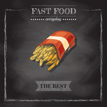 fast food menu. Vintage vector illustration. Hand-drawn sketch illustration of french fries in cardboard box isolated on chalkboard background. Great for menu, poster or restaurant background.のイラスト素材