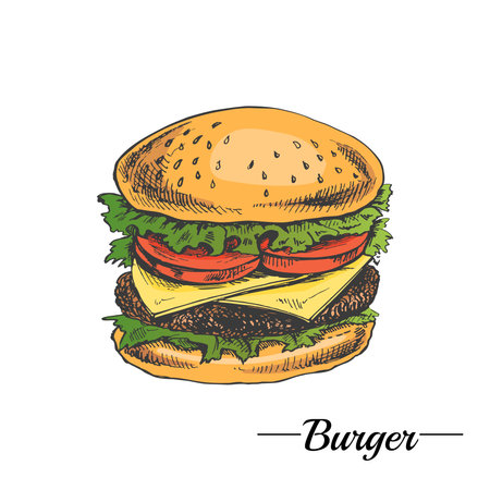 Hand-drawn colored sketch of great delicious sandwich, burger, hamburger isolated on white background. Fast food vintage illustration. Great for menu, poster or restaurant background.のイラスト素材