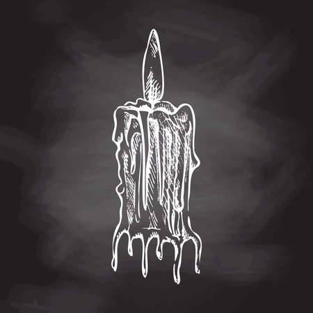 Hand drawn white sketch of burning candle isolated on chalkboard background. Vector illustration of a vintage style. Halloween or Christmas drawing.のイラスト素材