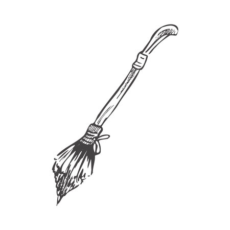Hand drawn sketch of magic broom. Element of witchcraft. Symbol of magic. A vehicle for the witch. Tattoo broomstick or print for Halloween or all saints' day. vector illustration.のイラスト素材