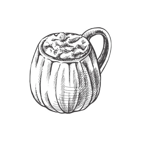 Hand drawn cinnamon pumpkin latte cup isolated on white background. Cup in the shape of a pumpkin. Pumpkin coffee with cream. Illustrated vintage vector element.のイラスト素材