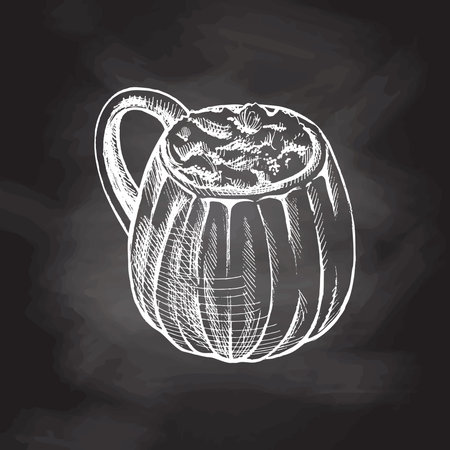 Hand drawn white cinnamon pumpkin latte cup isolated on chalkboard background. Cup in the shape of a pumpkin. Pumpkin coffee with cream. Illustrated vintage vector element.のイラスト素材