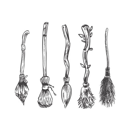 Hand drawn sketch of magic broom set. Element of witchcraft. Symbol of magic. A vehicle for the witch. Tattoo broomstick or print for Halloween or all saints' day. vector illustration.のイラスト素材