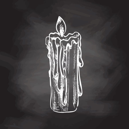 Hand drawn white sketch of burning candle isolated on chalkboard background. Vector illustration of a vintage style. Halloween or Christmas drawing.のイラスト素材