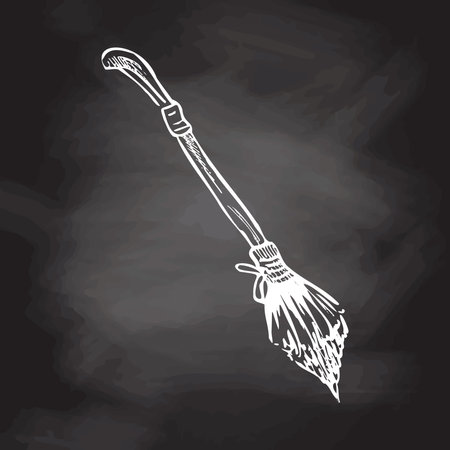 Hand drawn sketch of magic broom isolated on chalkboard background. Element of witchcraft. Symbol of magic. A vehicle for the witch. Tattoo broomstick or print for Halloween or all saints' day. vector illustration.のイラスト素材